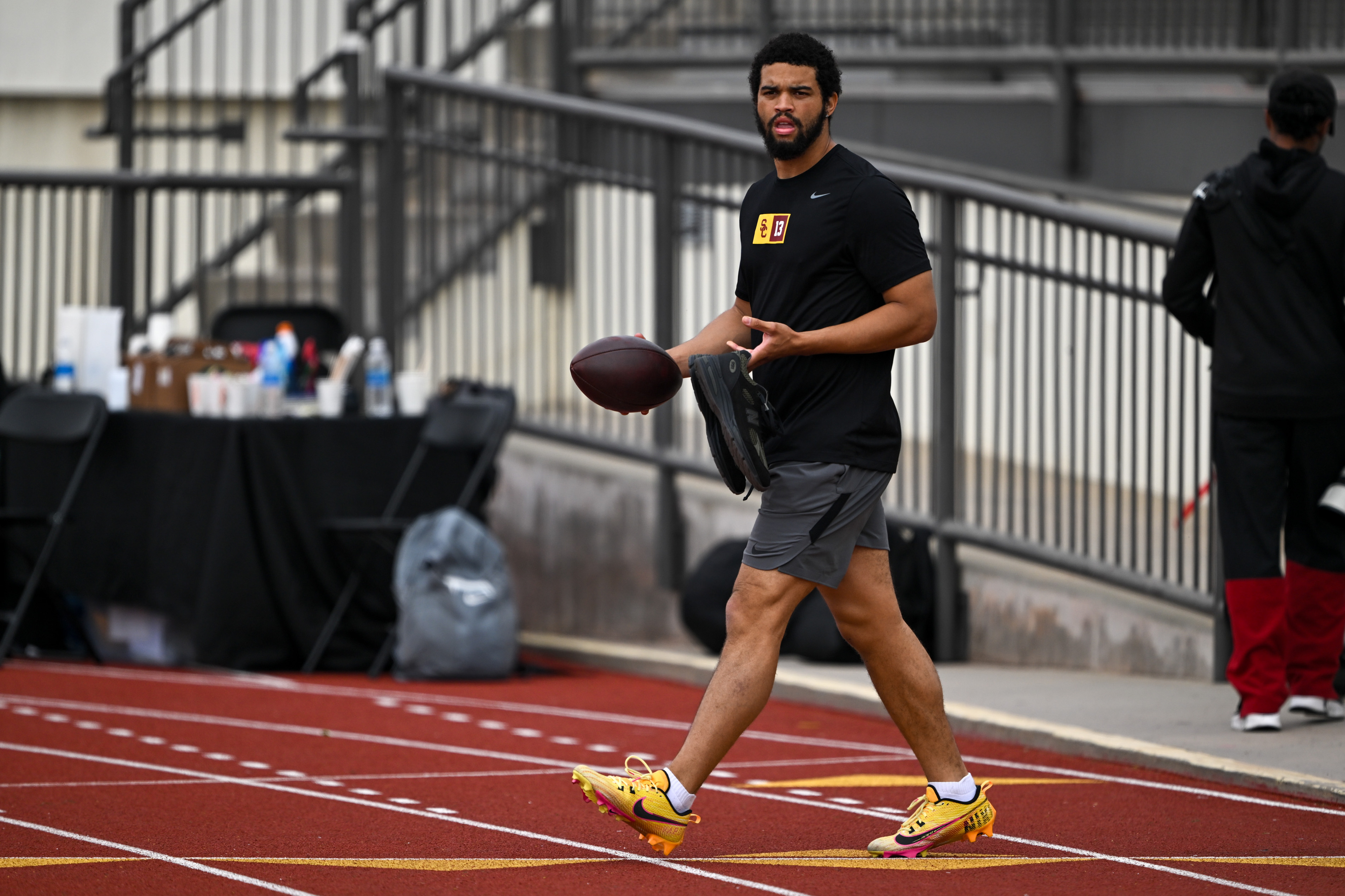 Quarterback Caleb Williams arrives for Pro Day at USC on...