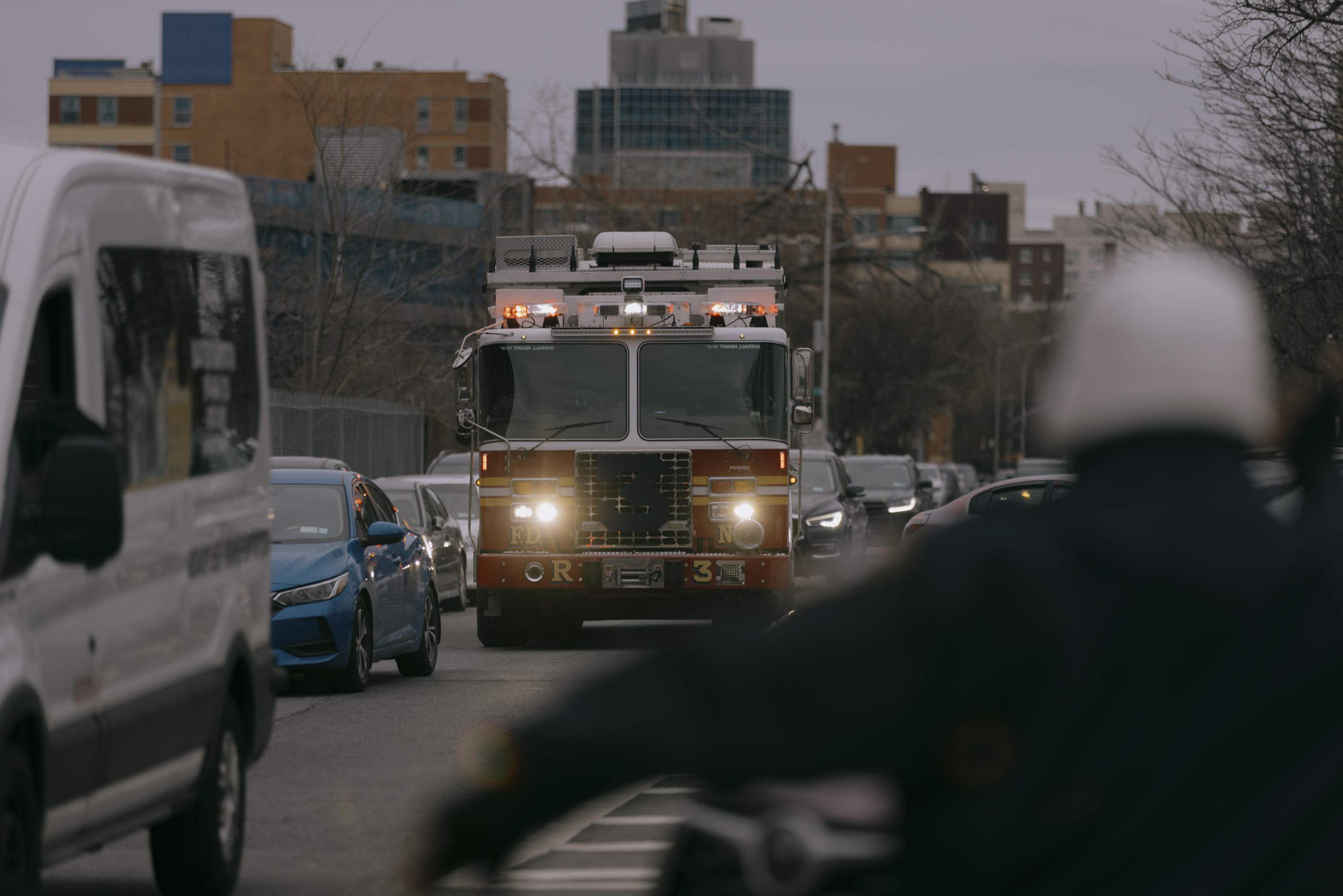 FDNY vehicles navigate their way to a call.