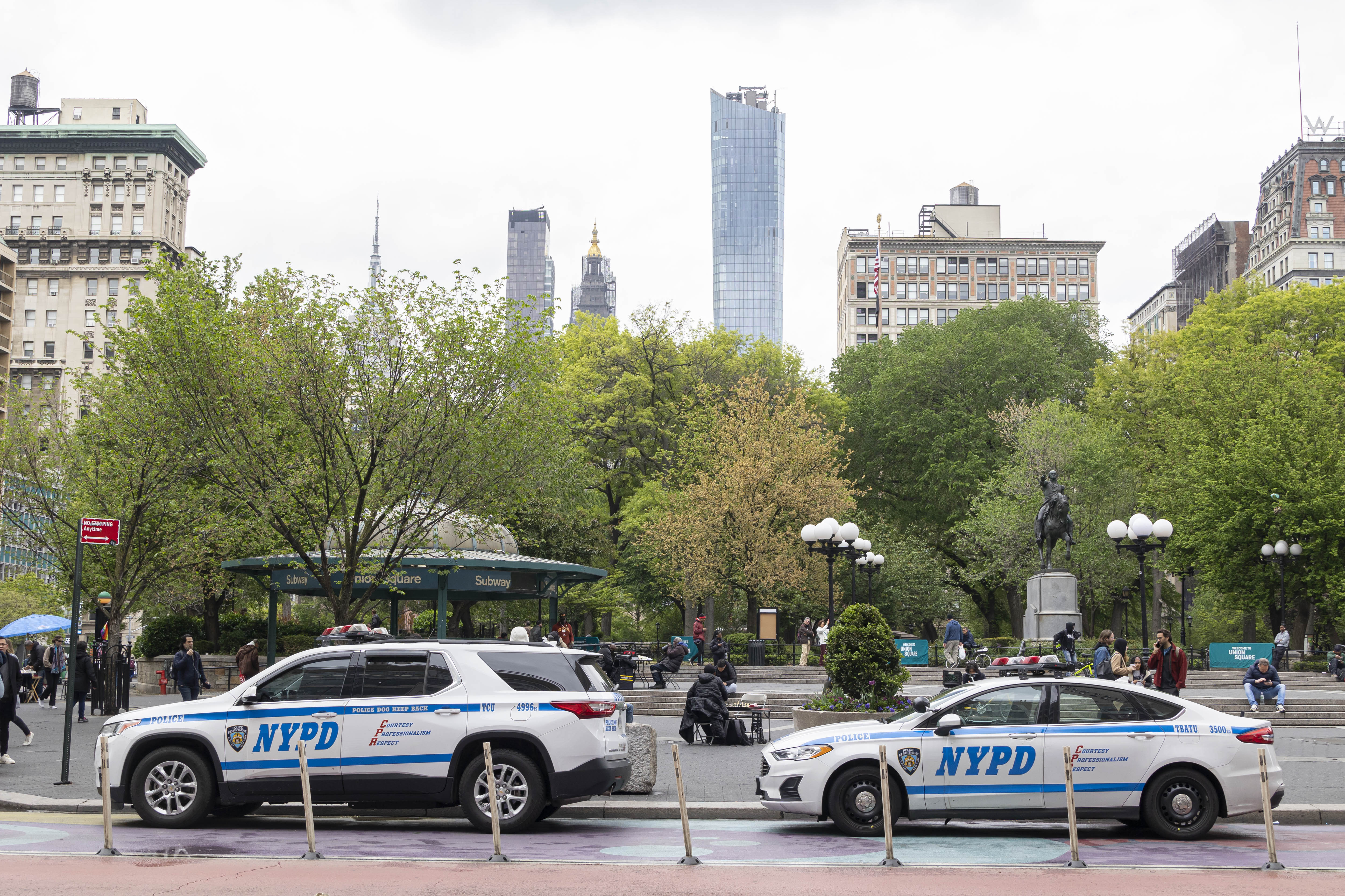 Police car vehicle of New York Police as seen parked or moving on the streets of NY near Union Square park in Manhattan, New York City in the United States of America.