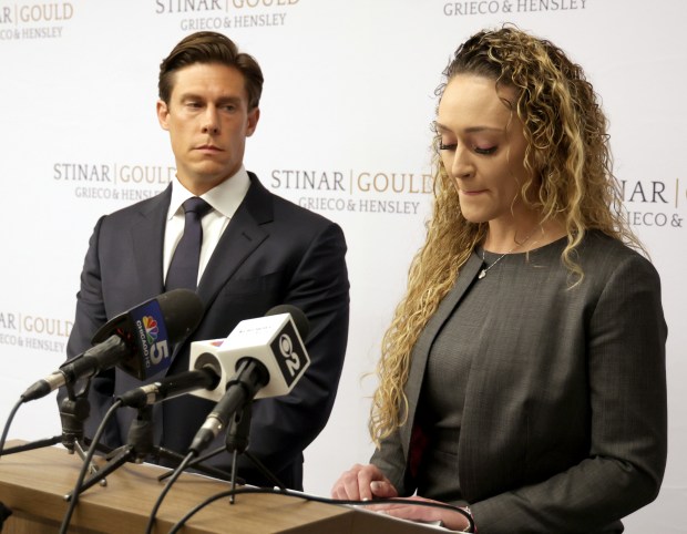 Attorneys Parker Stinar, left, and Symone Shinton talk about a lawsuit against former gynecologist Fabio Ortega on March 26, 2024, in Chicago. (Stacey Wescott/Chicago Tribune)