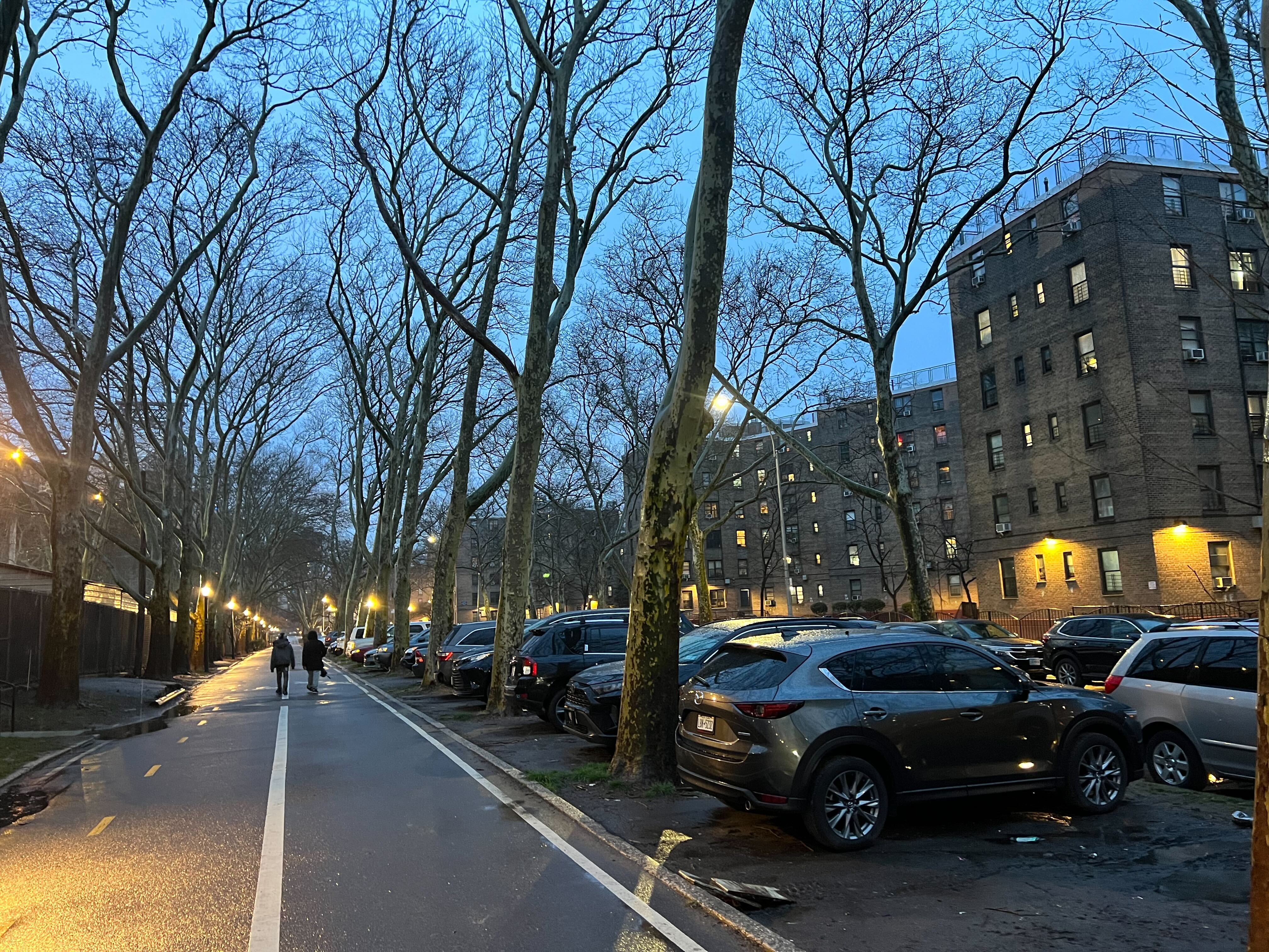 Cars park atop the parkland on either side of the path the Queensbridge “Baby” Park Greenway in Queens.