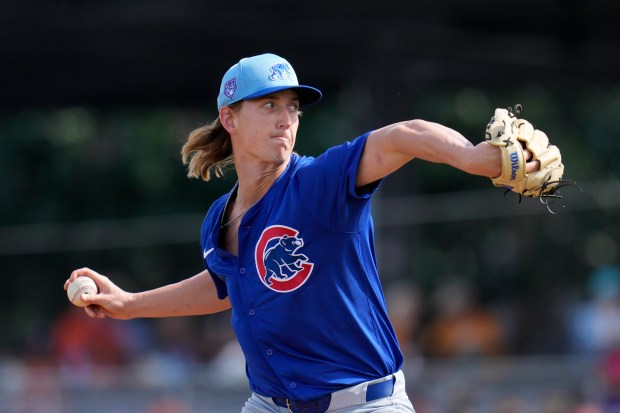 Cubs pitcher Ben Brown delivers against the Giants during a Cactus League game on Feb. 24, 2024, in Scottsdale, Ariz. (Ross D. Franklin/AP)