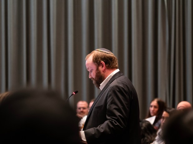 Rabbi David Eber, of Congregation Beth Shalom synagogue in Naperville, addresses elected leaders at the Naperville City Council meeting April 2, 2024. (Tess Kenny/Naperville Sun)