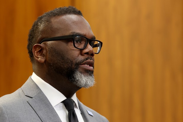 Mayor Brandon Johnson speaks during a recent press conference at City Hall on April 9, 2024. (Antonio Perez/Chicago Tribune)