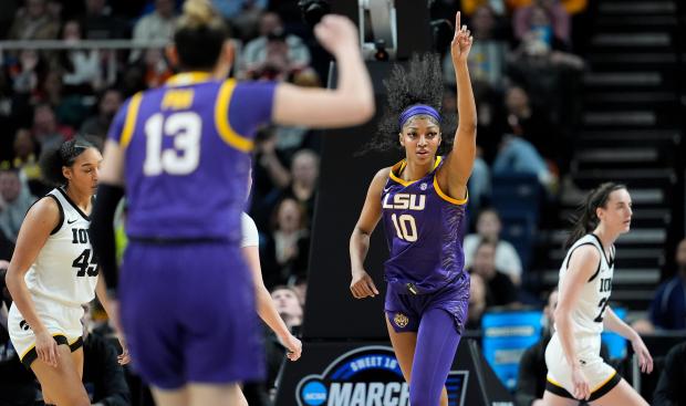 LSU forward Angel Reese reacts during the first quarter of an NCAA Tournament Elite Eight game against Iowa on April 1, 2024, in Albany, N.Y. (AP Photo/Mary Altaffer)