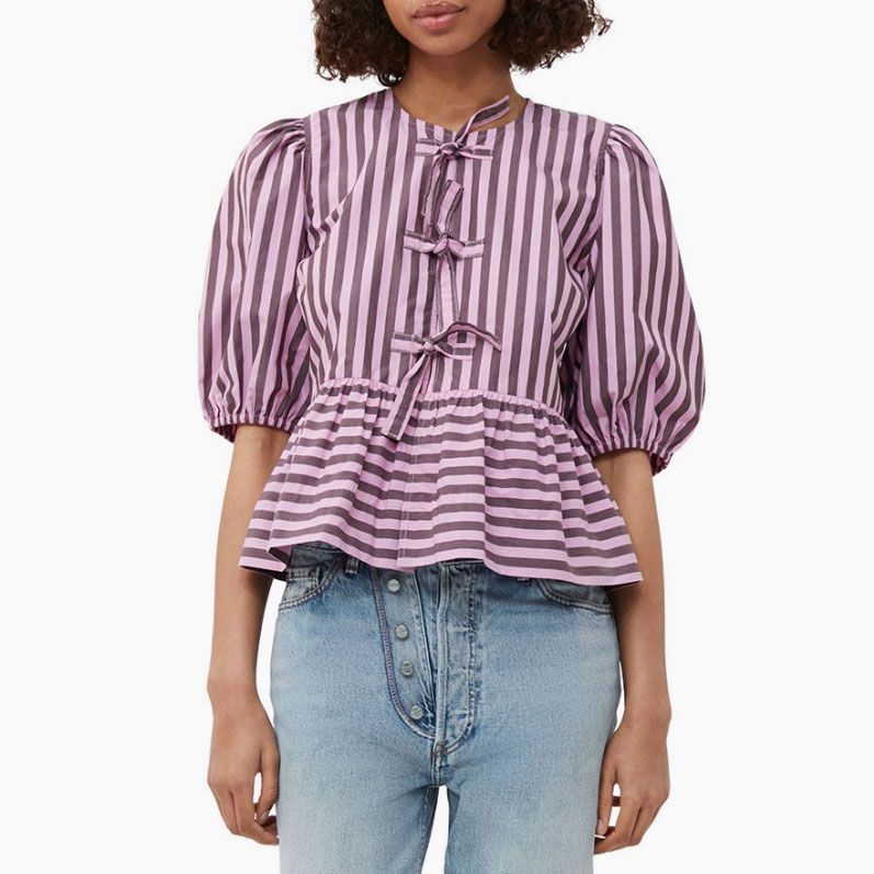 Ganni Striped Cotton Poplin Peplum Tie Blouse