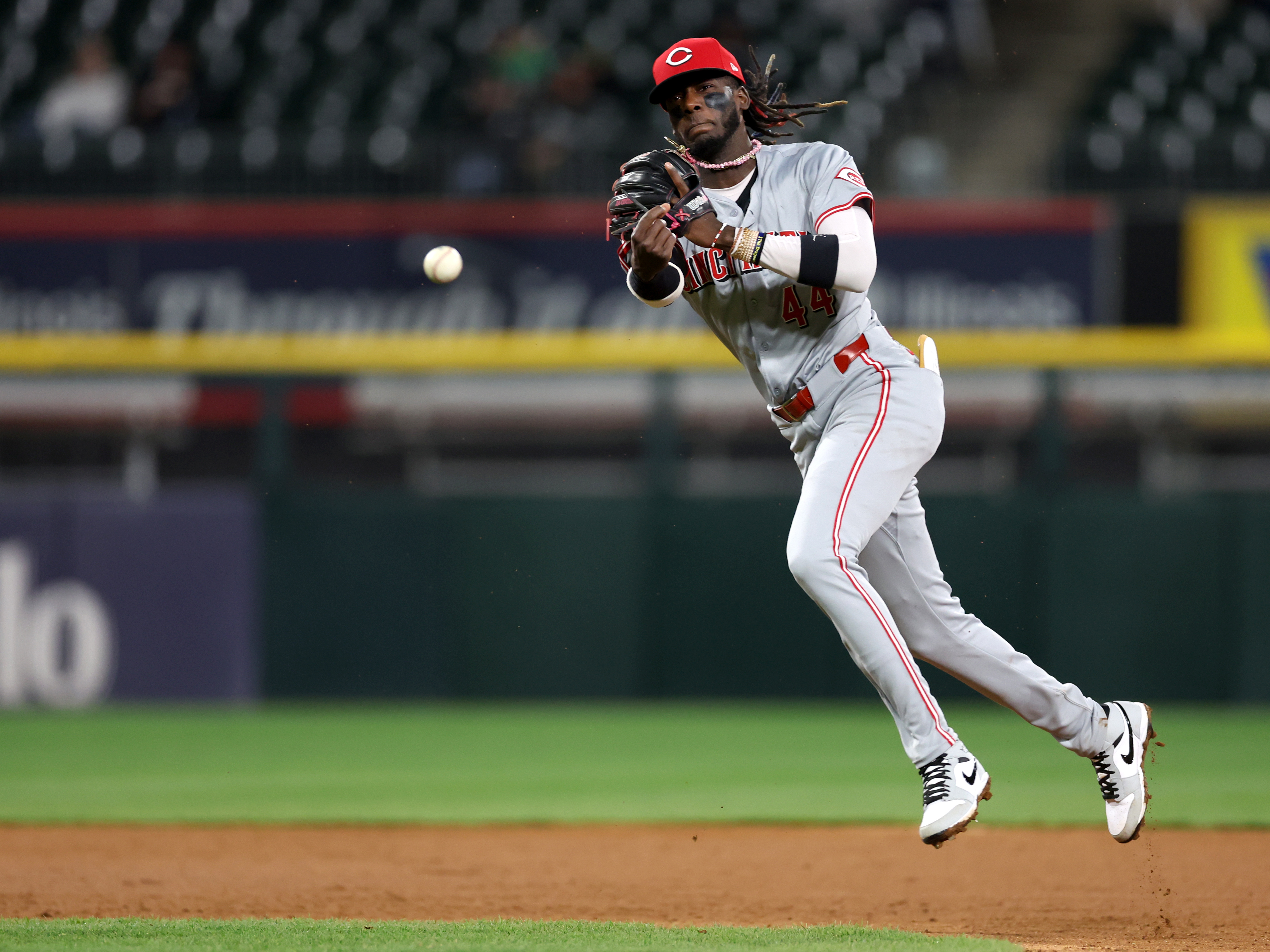 Reds shortstop Elly De La Cruz (44) throws out White Sox hitter Lenyn Sosa on a ground ball in the ninth inning on April 12, 2024, at Guaranteed Rate Field. (Chris Sweda/Chicago Tribune)