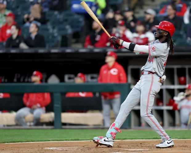 Reds shortstop Elly De La Cruz watches the flight of his three-run home run in the third inning against the White Sox on April 12, 2024, at Guaranteed Rate Field. (Chris Sweda/Chicago Tribune)