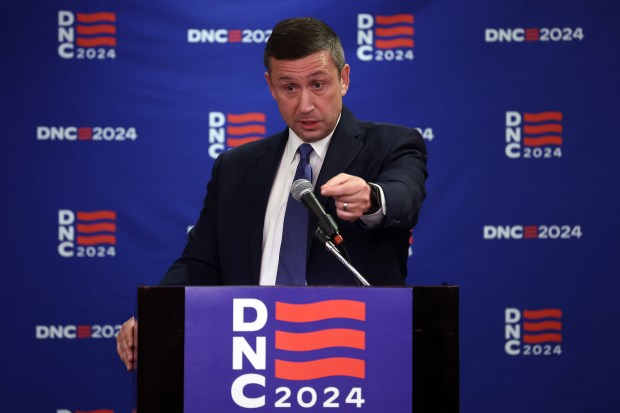 In advance of the upcoming Democratic National Convention, Democratic National Committee Vice Chairman Ken Martin speaks to the media at the Hilton Chicago on Michigan Avenue in Chicago on April 18, 2024. (Terrence Antonio James/Chicago Tribune)