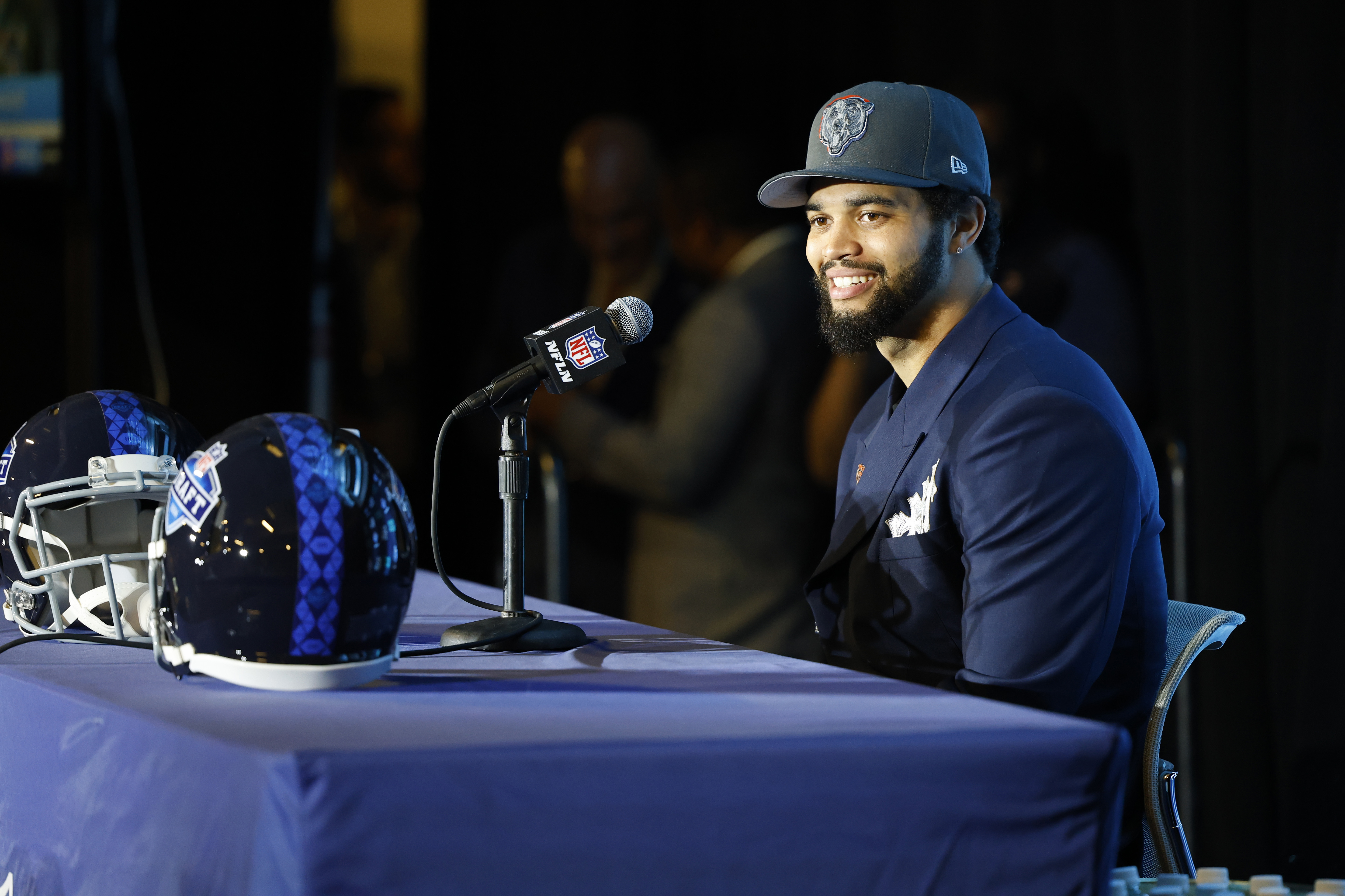 USC quarterback Caleb Williams speaks with the media after the...