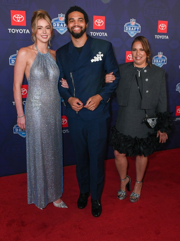 Caleb Williams arrives to the NFL draft at the Fox Theatre on April 25, 2024 in Detroit. (Aaron J. Thornton/Getty)