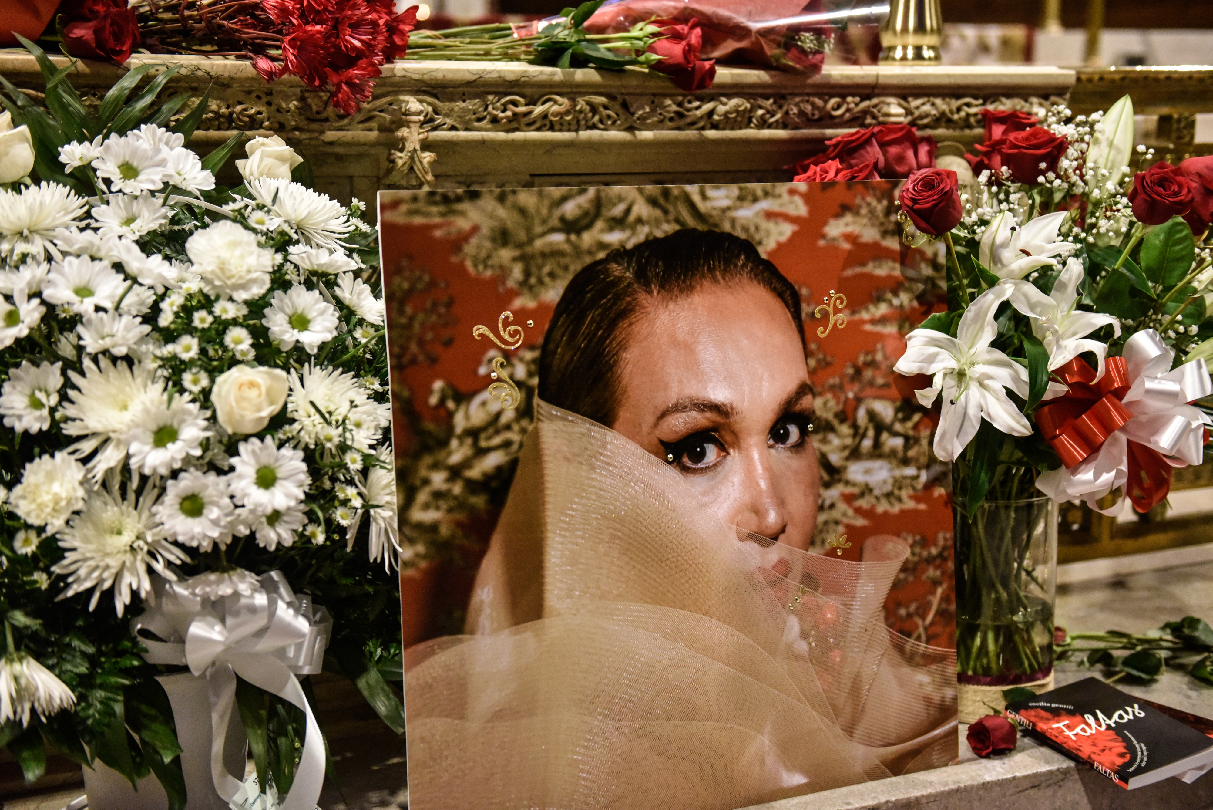 A photo of Cecilia Gentili lies at the altar during her funeral at St. Patrick's Cathedral on Feb. 15, 2024.