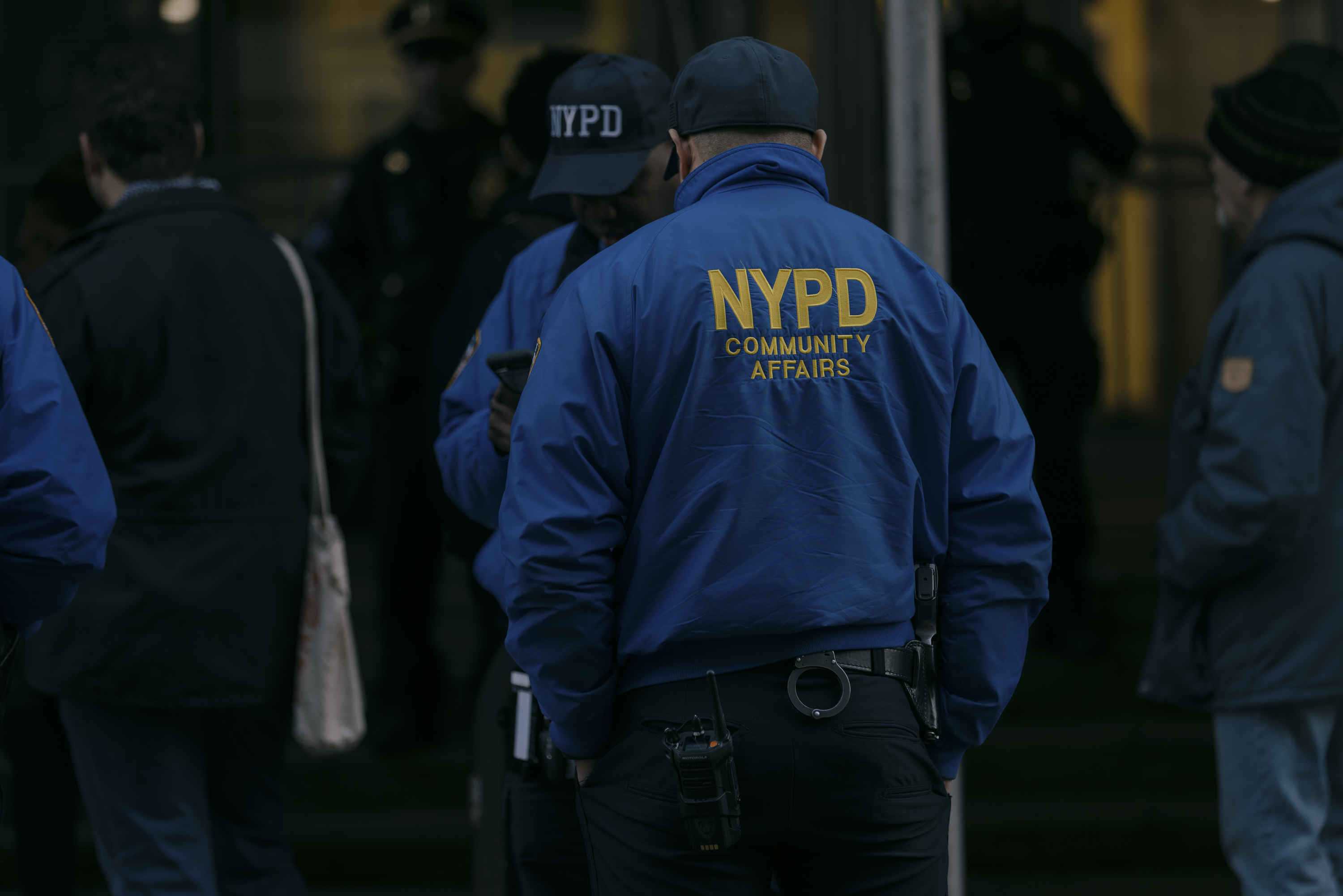 NYPD officers stand outside the Richmond County Clerk on Staten Island on March 8, 2024.