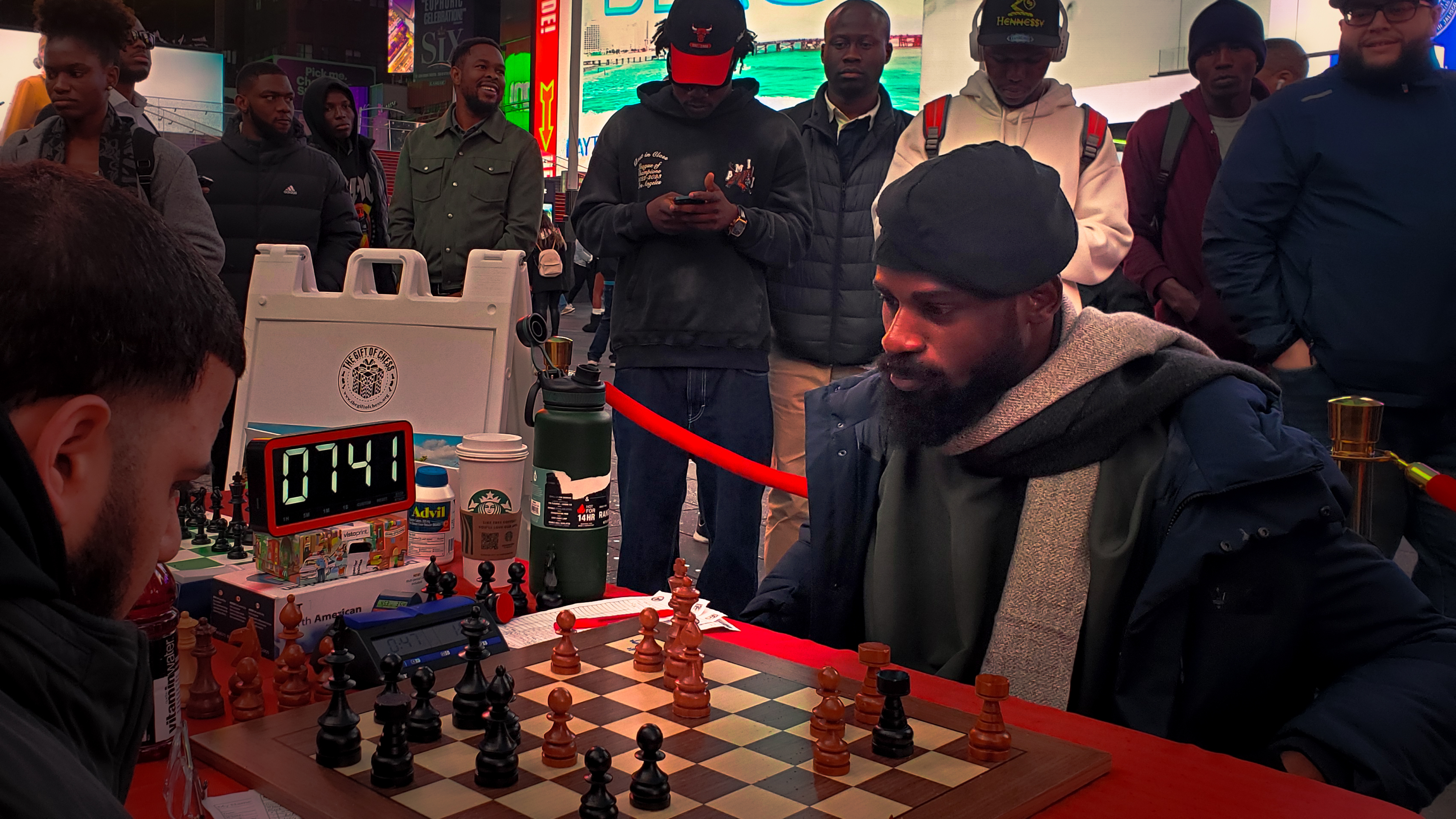 A photo of Tunde Onakoyaa native Nigerian who is trying to play chess for 58 and a half hours, which would be a new record.