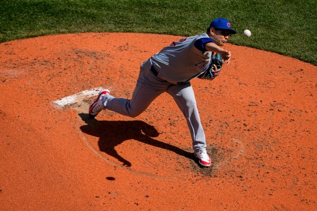 Chicago Cubs starting pitcher Javier Assad throws against the Seattle Mariners during the fourth inning of a baseball game Sunday, April 14, 2024, in Seattle. (AP Photo/Lindsey Wasson)