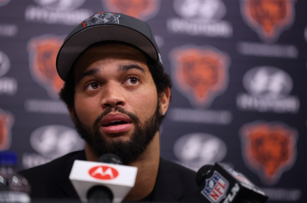 New Bears quarterback Caleb Williams speaks during his introductory news conference on Friday, April 26, 2024, at Halas Hall in Lake Forest. (Chris Sweda/Chicago Tribune)