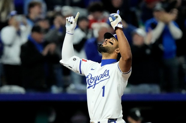 Royals left fielder MJ Melendez celebrates as he crosses the plate after hitting a two-run home run during the seventh inning against the White Sox on April 4, 2024, in Kansas City, Mo. (Charlie Riedel/AP)