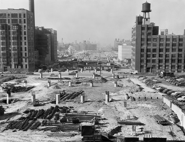 Chicago Tribune Historic Print: January 30, 1952. View looking west from main post office, showing caissons on which Congress expressway pavement will be supported. Elevated subway tracks will run in middle. Route is cleared west to Sacramento Blvd. . ..OUTSIDE TRIBUNE CO.- NO MAGS, NO SALES, NO INTERNET, NO TV.. Tribune vile photo 00259521A 2GETTINGAROUND