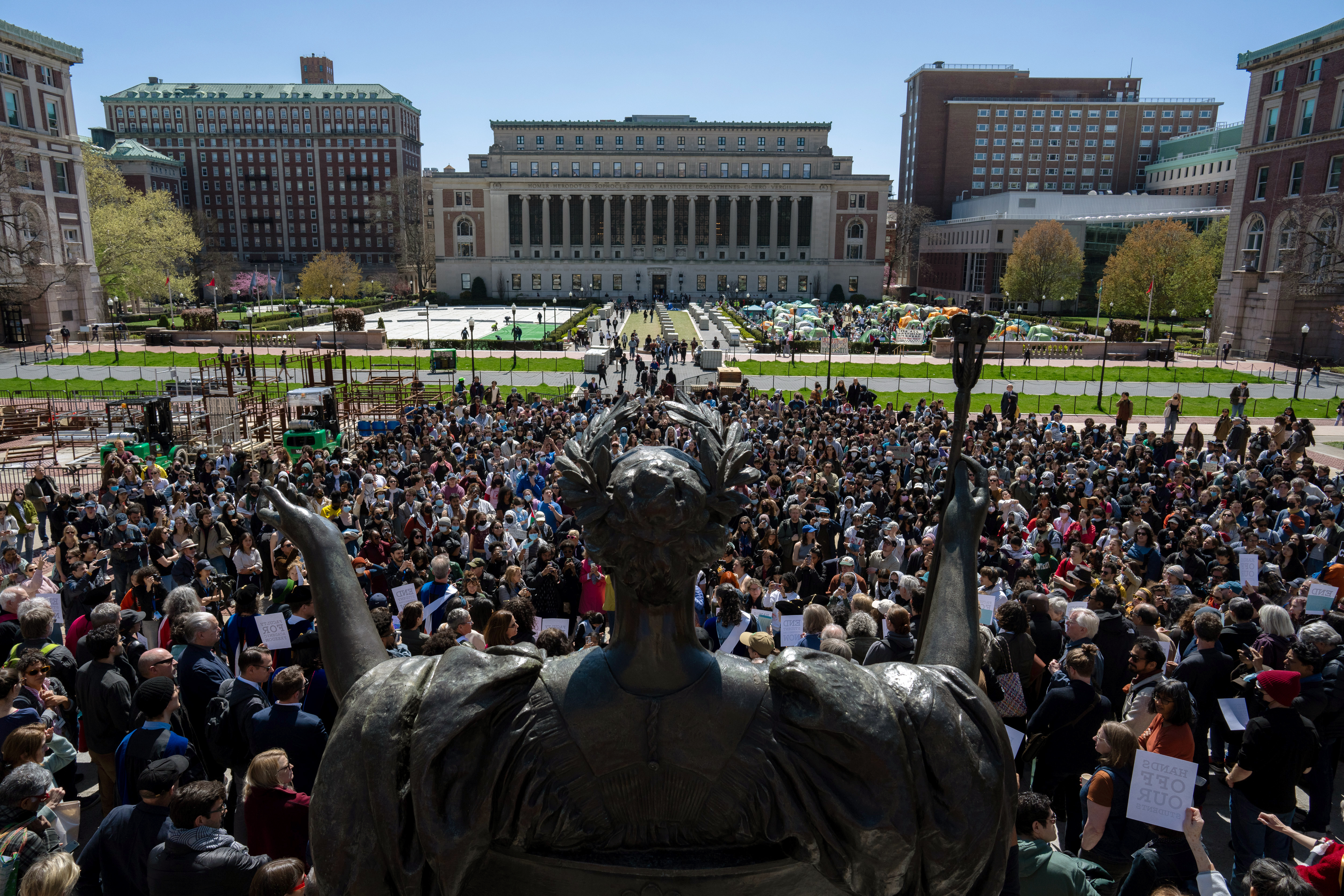 Pro-Palestinian protesters holding a rally at Columbia University on April 22, 2024.