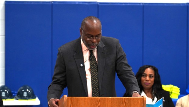 Duane Meighan, superintendent of Country Club Hills Elementary District 160, speaks at a groundbreaking ceremony April 16, 2024, for the district's fine arts center. (District 160)