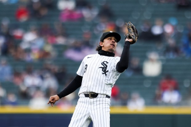 White Sox second baseman Nicky Lopez (8) catches a popup against the Braves on April 1, 2024, at Guaranteed Rate Field. (Eileen T. Meslar/Chicago Tribune)