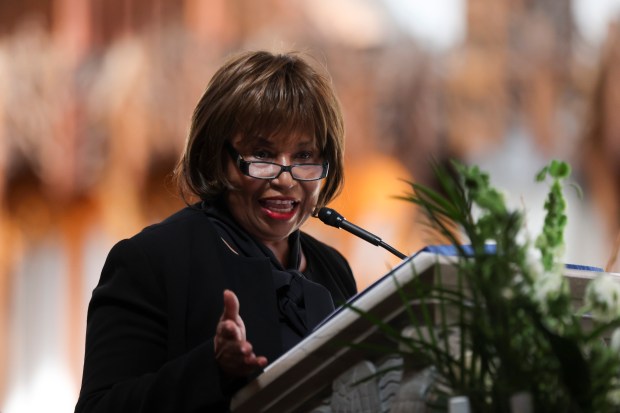 Former U.S. Sen. Carol Moseley Braun gives the eulogy during the funeral for Cook County Clerk Karen A. Yarbrough at Rockefeller Chapel at University of Chicago on April 14, 2024.(Eileen T. Meslar/Chicago Tribune)