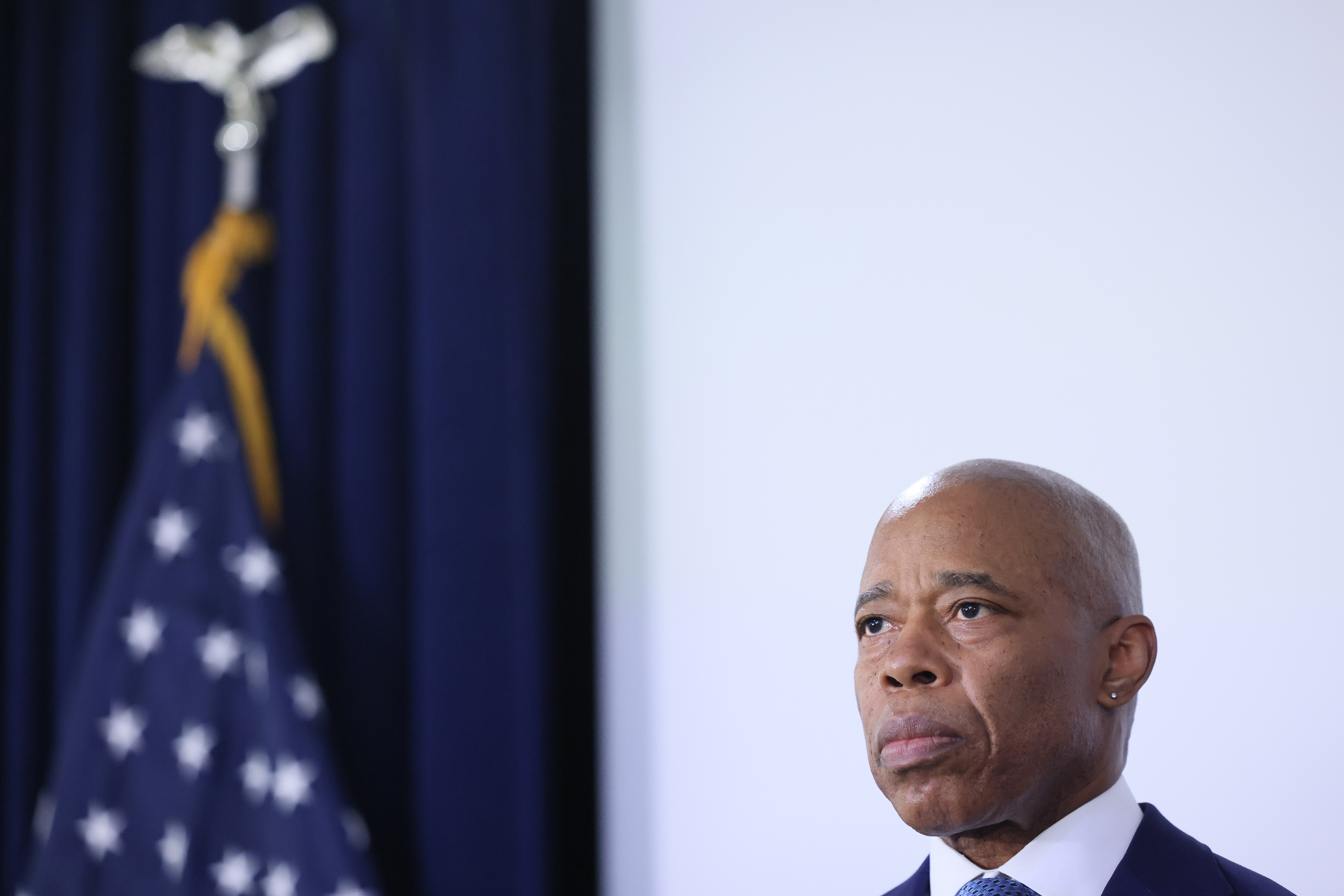 Eric Adams stands silently during a press conference at the office of the District Attorneys on Feb. 08, 2024.