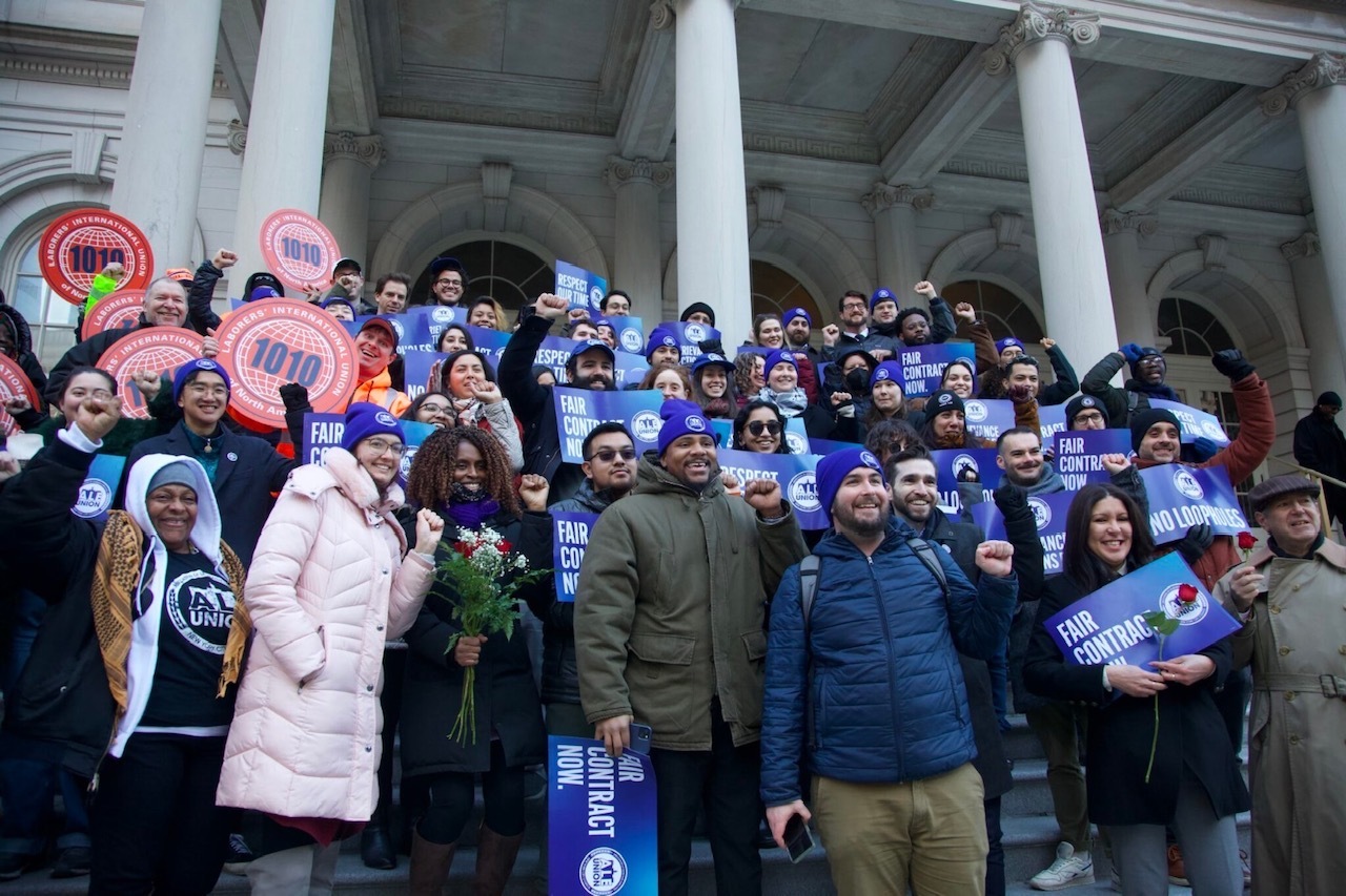 Members of the New York City Council staff union stand outside City Hall in Manhattan on Feb. 6, 2024.