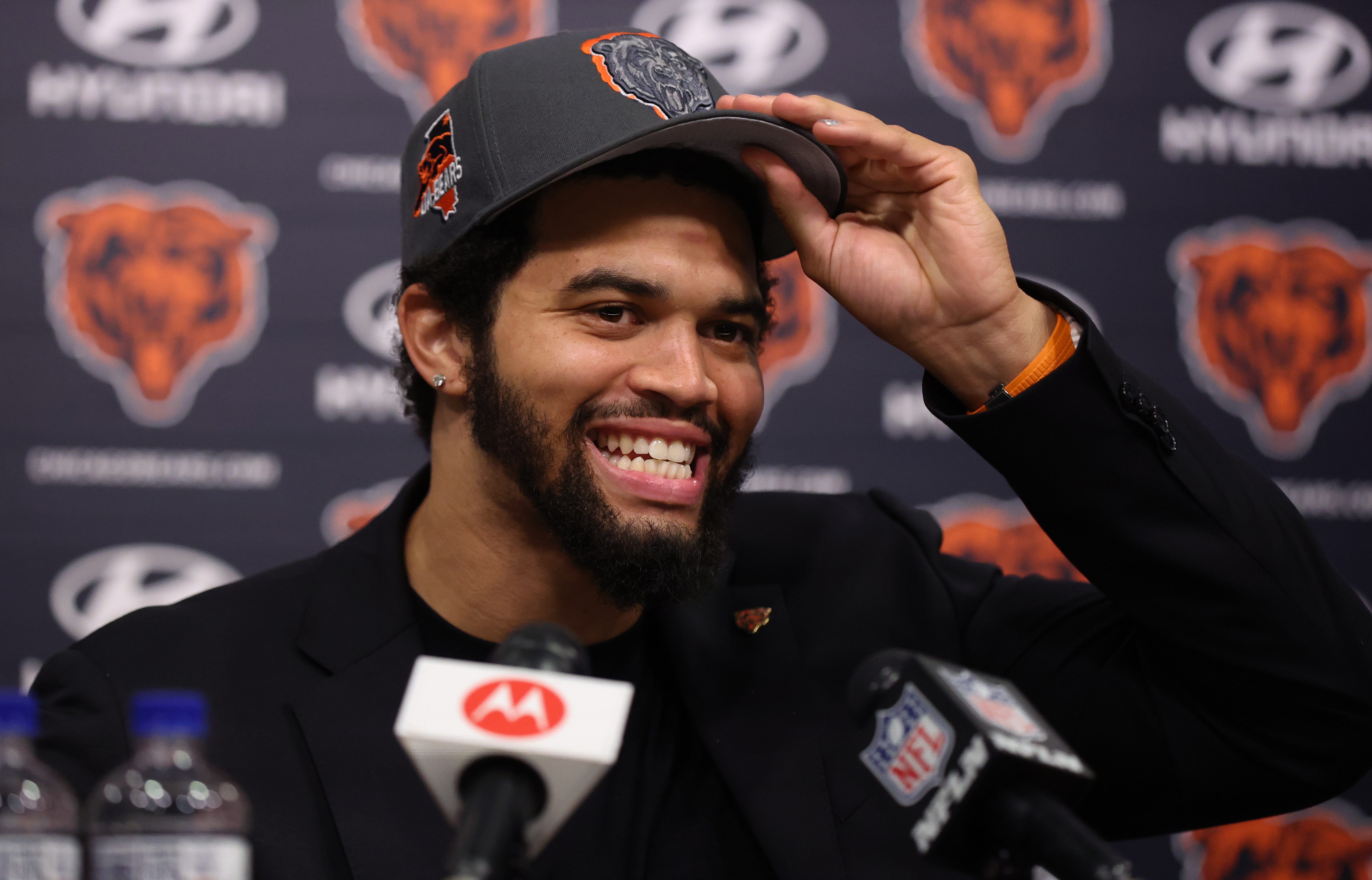 Bears quarterback Caleb Williams speaks at Halas Hall in on...