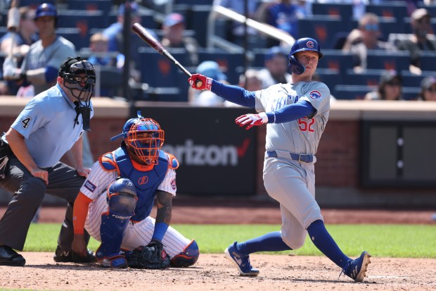 Pete Crow-Armstrong of the Cubs doubles in a run in the sixth inning against the Mets on Thursday, May 2, 2024, in New York. (Al Bello/Getty Images)