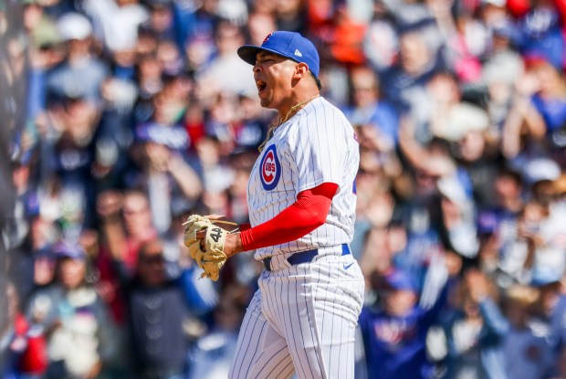 Chicago Cubs pitcher Daniel Palencia (48) celebrates after getting a strikeout to win the game against the Milwaukee Brewers at Wrigley Field on May 5, 2024. (Eileen T. Meslar/Chicago Tribune)