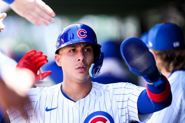 Chicago Cubs catcher Miguel Amaya (9) celebrates after scoring during the fifth inning against the Milwaukee Brewers at Wrigley Field on May 5, 2024. (Eileen T. Meslar/Chicago Tribune)