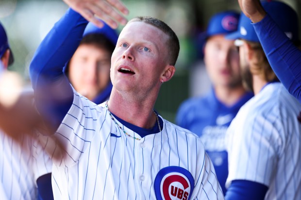 Chicago Cubs Chicago Cubs outfielder Pete Crow-Armstrong (52) celebrates after scoring during the fifth inning against the Milwaukee Brewers at Wrigley Field on May 5, 2024. (Eileen T. Meslar/Chicago Tribune)