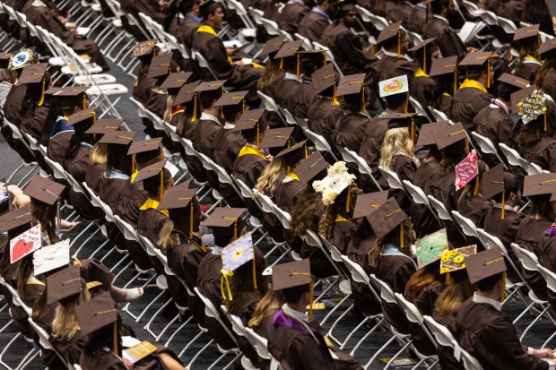 Many students decorated their caps for Valparaiso University's commencement ceremony on Saturday, May 11, 2024, in Valparaiso. (Vincent D. Johnson/for the Post-Tribune)