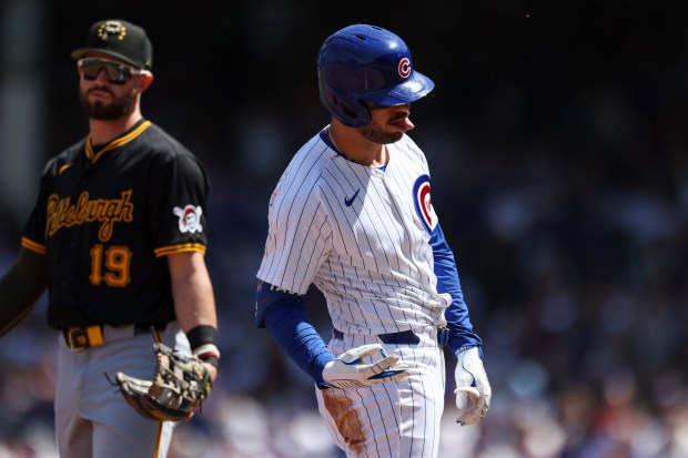 Chicago Cubs outfielder Mike Tauchman celebrates after hitting a triple during the third inning against the Pittsburgh Pirates at Wrigley Field on May 19, 2024. (Eileen T. Meslar/Chicago Tribune)