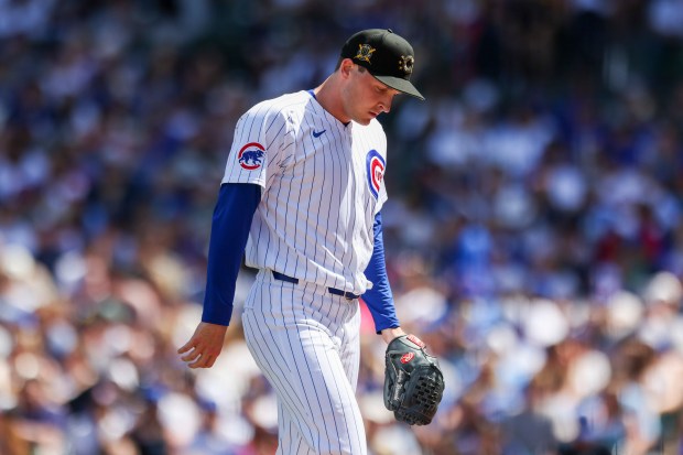 Chicago Cubs pitcher Hayden Wesneski walks to the dugout after giving up a two-run single during the fifth inning against the Pittsburgh Pirates at Wrigley Field on May 19, 2024. (Eileen T. Meslar/Chicago Tribune)