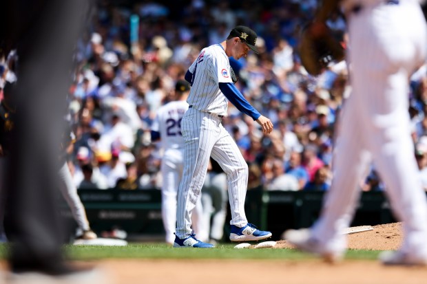 Chicago Cubs pitcher Hayden Wesneski reacts after giving up a two-run single during the fifth inning against the Pittsburgh Pirates at Wrigley Field on May 19, 2024. (Eileen T. Meslar/Chicago Tribune)