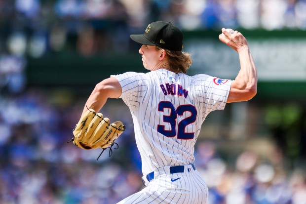 Chicago Cubs pitcher Ben Brown (32) pitches during the seventh inning against the Pittsburgh Pirates at Wrigley Field on May 19, 2024. (Eileen T. Meslar/Chicago Tribune)