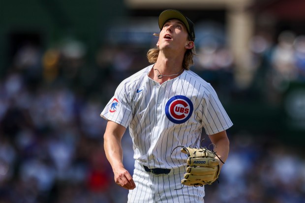 Chicago Cubs pitcher Ben Brown watches a pop-up during the eighth inning against the Pittsburgh Pirates at Wrigley Field on May 19, 2024. (Eileen T. Meslar/Chicago Tribune)