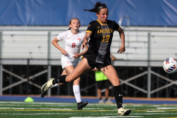 Andrew's Paige Swaw (19) shoots the ball on a volley during the Class 3A Joliet Central Sectional semifinal game against Homewood-Flossmoor in Joliet on Tuesday, May 21, 2024. (Troy Stolt/for the Pioneer Press)