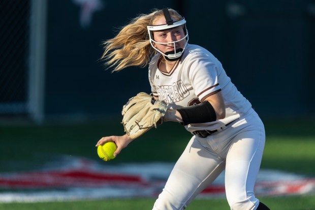 Shepard's Meghan Potenza (8) throws to first for an out against Homewood-Flossmoor during the Class 4A Homewood-Flossmoor Regional semifinals in Flossmoor on Tuesday, May 21, 2024. (Vincent D. Johnson/for the Daily Southtown)