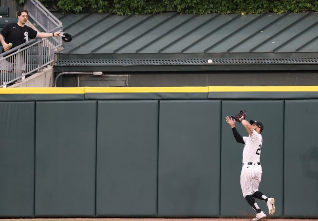 White Sox centerfielder Tommy Pham makes a running catch on a fly ball hit by Orioles third baseman Jordan Westburg in the first inning at Guaranteed Rate Field on May 24, 2024, in Chicago. (John J. Kim/Chicago Tribune)