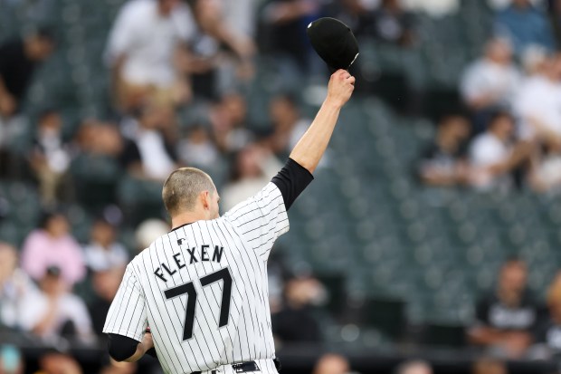 White Sox pitcher Chris Flexen acknowledges centerfielder Tommy Pham after making a running catch on a fly ball hit by Orioles third baseman Jordan Westburg in the first inning at Guaranteed Rate Field on May 24, 2024, in Chicago. (John J. Kim/Chicago Tribune)