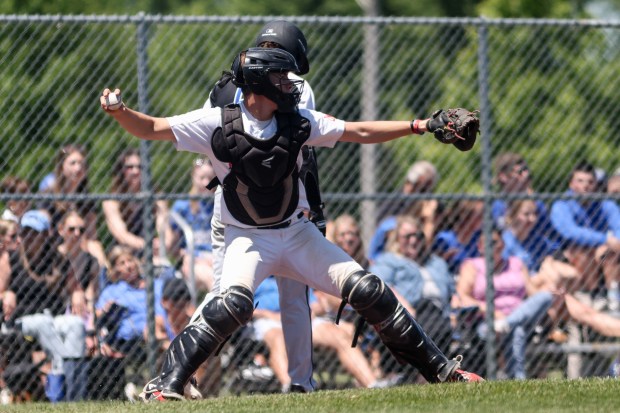 Lincoln-Way Central's Braden Meyer (4) throws to third during the Class 4A Lincoln-Way Central Regional final against Lincoln-Way East in New Lenox on Saturday, May 25, 2024. (Troy Stolt/for the Daily Southtown)