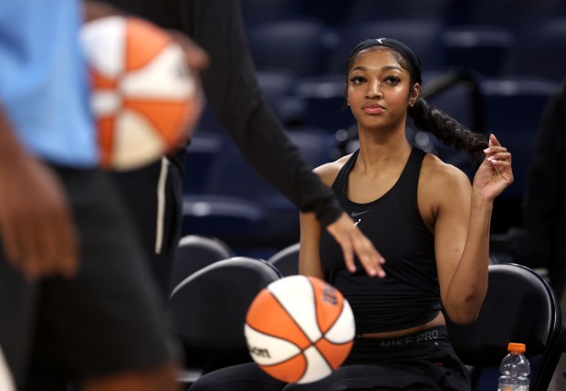 Chicago Sky forward Angel Reese prepares to warm up for the Sky's home opener against the Connecticut Sun at Wintrust Arena in Chicago on May 25, 2024. (Chris Sweda/Chicago Tribune)