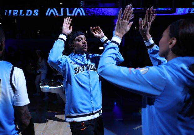 Chicago Sky guard Diamond DeShields is introduced before the Sky's home opener against the Connecticut Sun at Wintrust Arena in Chicago on May 25, 2024. (Chris Sweda/Chicago Tribune)