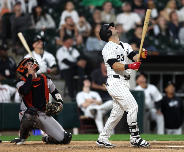 White Sox outfielder Andrew Benintendi pops out in the ninth inning against the Orioles on Thursday, May 23, 2024, at Guaranteed Rate Field. Interference was called on baserunner Andrew Vaughn, resulting in a game-ending double play. (Chris Sweda/Chicago Tribune)