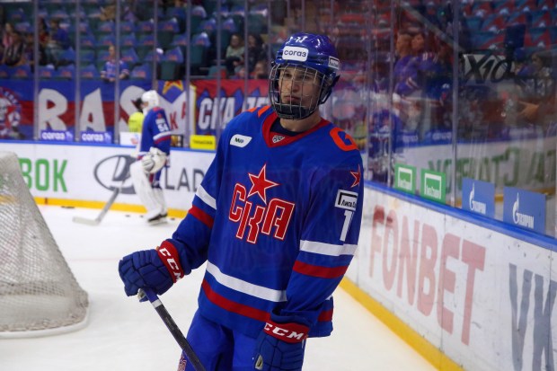 SKA Hockey Club player, Ivan Demidov seen in action during a Kontinental Hockey League game against Spartak Moscow at the Ice Sports Palace. (Maksim Konstantinov/SOPA Images)