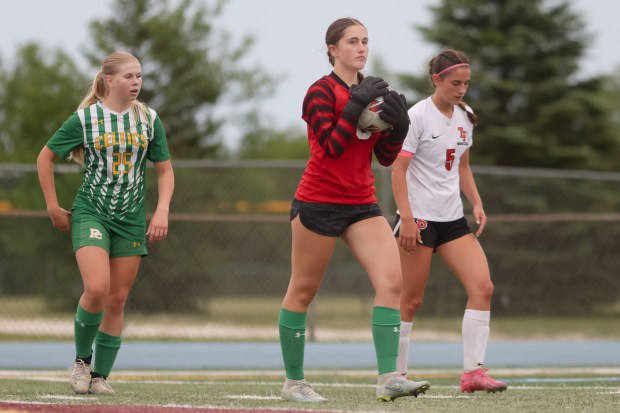 Providence's Claire Wajda (0) holds the ball after making a save during the Class 2A Kankakee Sectional final against Tinley Park in Kankakee on Friday, May 23, 2024. (Troy Stolt/for the Daily Southtown)