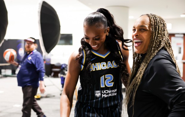 Chicago Sky Head Coach Teresa Weatherspoon laughs with forward Michaela Onyenwere on May 8, 2024, during media day at Wintrust Arena. (Eileen T. Meslar/Chicago Tribune)